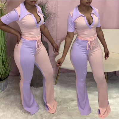 Fashion casual pit strip stitching flared pants suit DL8085