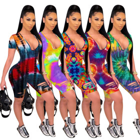 Multicolor tie-dye burnt flower deep V sexy jumpsuit D8255A