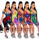 Multicolor tie-dye burnt flower deep V sexy jumpsuit D8255A