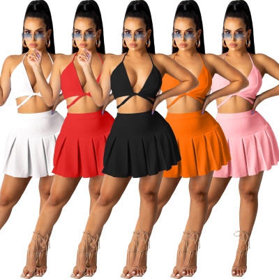 Tie-up top, two-piece solid color sports skirt ZH8528A
