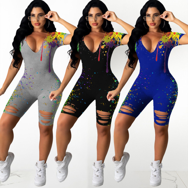 Positioning splash ink printing deep V sport jumpsuit ZH8517
