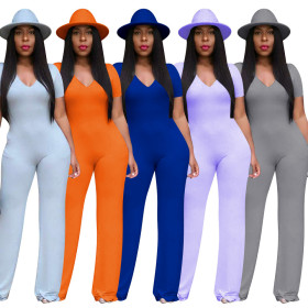 Solid color V-neck short-sleeved straight-leg jumpsuit D8260A