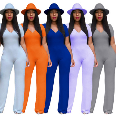 Solid color V-neck short-sleeved straight-leg jumpsuit D8260A