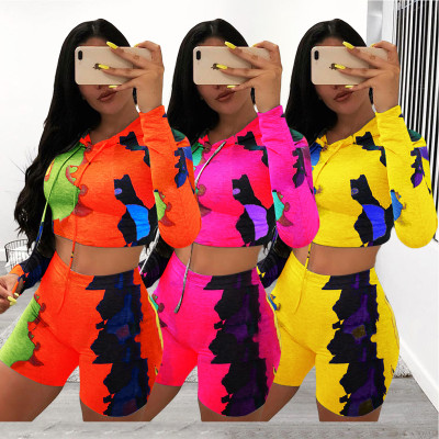 Camouflage Long Sleeve Shorts Two-Piece Set with Hood ZH8511