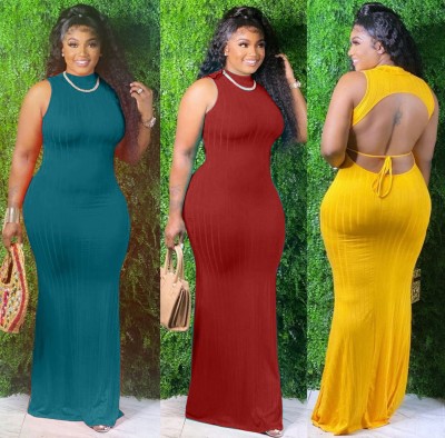 Solid color pit strip nude back dress DL8090