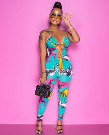 Lace-up halter skinny printed jumpsuit D8263A