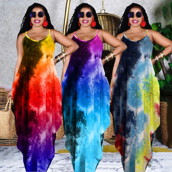 Tie-dye printed loose sling dress long skirt GH037