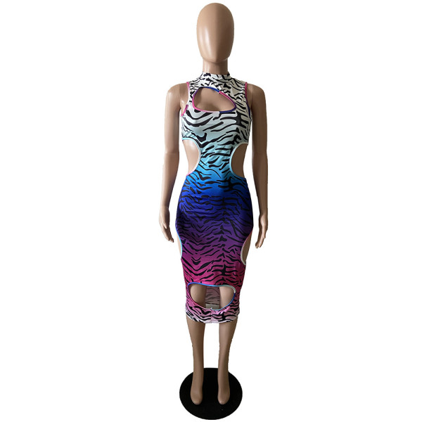Fashion sexy gradient leopard print hole dress GH029