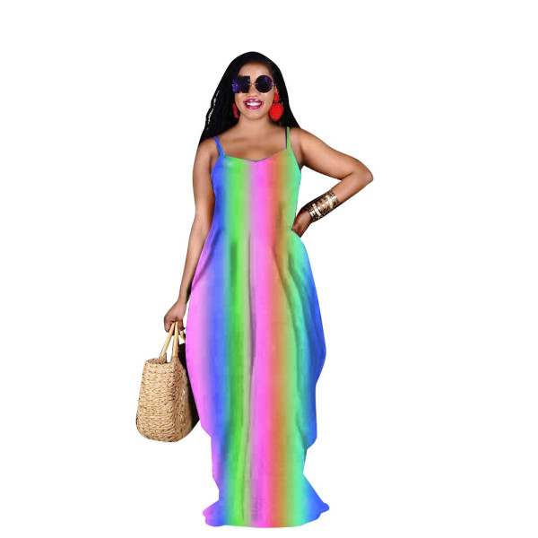 Rainbow Print Loose Sling Dress Long Skirt GH046