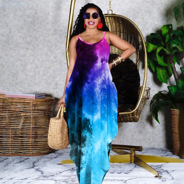 Tie-dye printed loose sling dress long skirt GH037