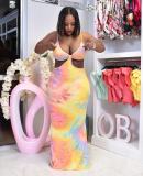 Casual fashion elegant digital tie-dye printing long skirt D8447