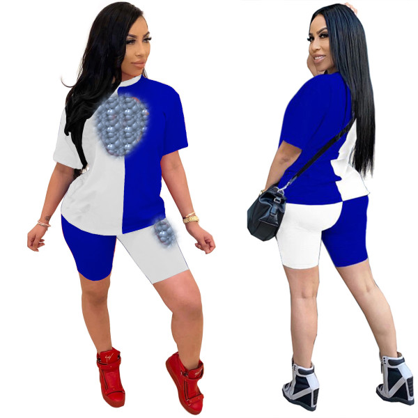 Fashion sequin stitching short-sleeved casual suit CM747