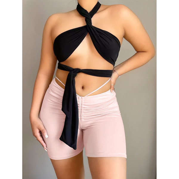 Sexy solid color pleated pleated strap casual sports pants GL6377