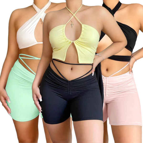 Sexy solid color pleated pleated strap casual sports pants GL6377