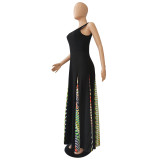 Solid color stitching geometric print large casual dress CM2119