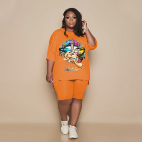 Plus size womens fashion positioning printing suit casual two-piece suit GH044