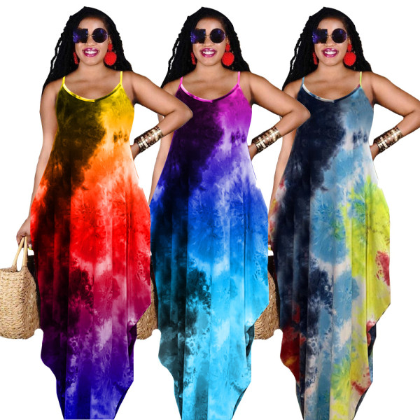Tie-dye printed loose sling dress long skirt GH037