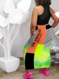 Color letter print top + picture print long skirt 2-piece set J1175