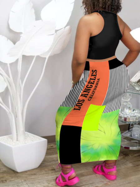 Color letter print top + picture print long skirt 2-piece set J1175