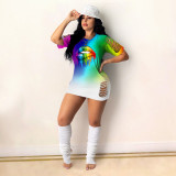 Fashion sexy burnt flower rainbow lip print gradient dress GH030