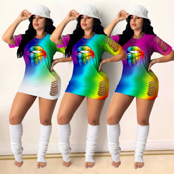 Fashion sexy burnt flower rainbow lip print gradient dress GH030