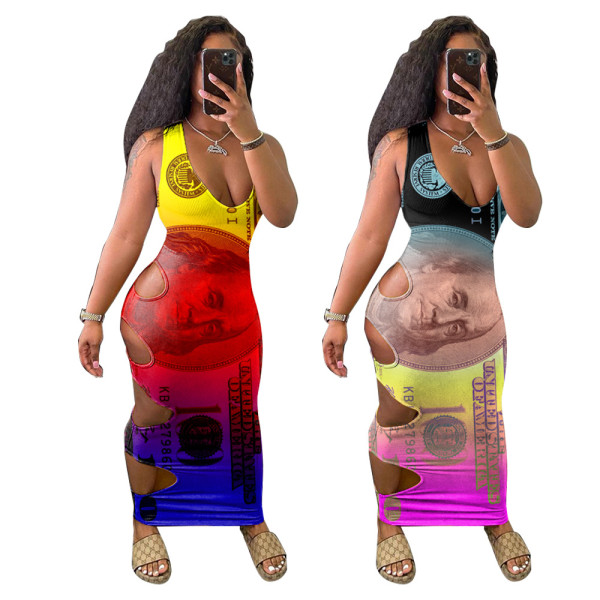 Fashionable sexy hole dress with dollar print GH038