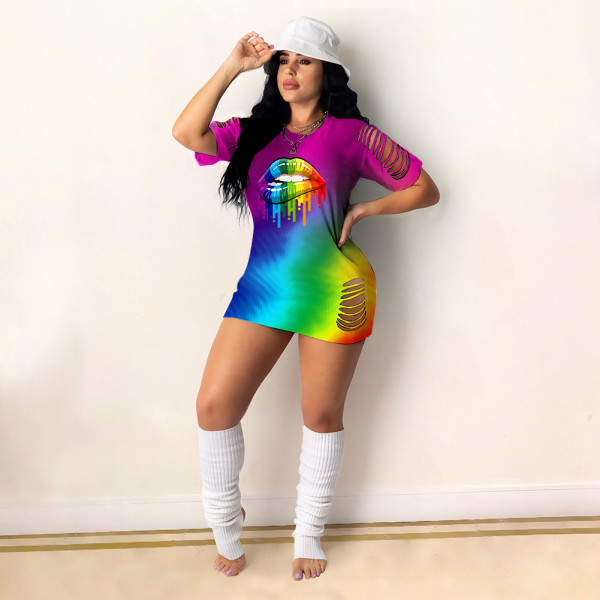 Fashion sexy burnt flower rainbow lip print gradient dress GH030
