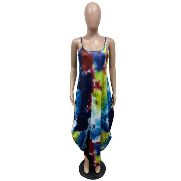 Tie-dye printed loose sling dress long skirt GH037