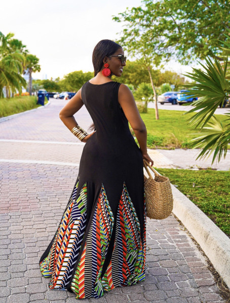 Solid color stitching geometric print large casual dress CM2119