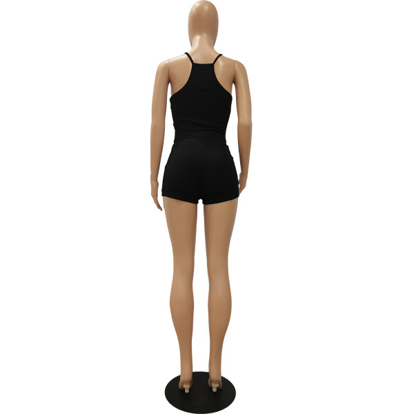 Casual solid color pit strip camisole top shorts two-piece suit CM2121