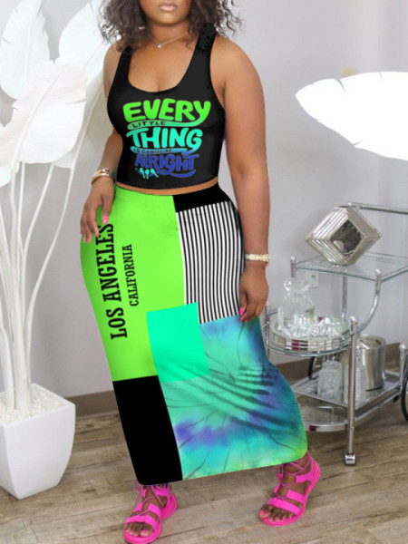 Color letter print top + picture print long skirt 2-piece set J1175
