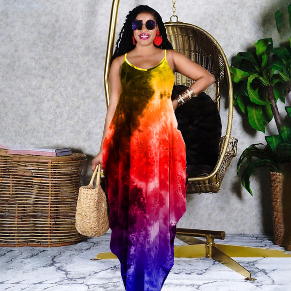 Tie-dye printed loose sling dress long skirt GH037
