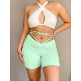 Sexy solid color pleated pleated strap casual sports pants GL6377