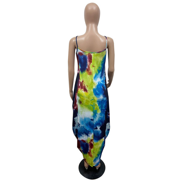 Tie-dye printed loose sling dress long skirt GH037