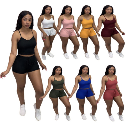Casual solid color pit strip camisole top shorts two-piece suit CM2121