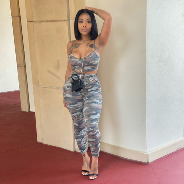Camouflage printed camisole two-piece casual suit FM2017
