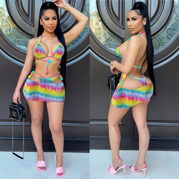 Rainbow tie-dye three-piece swimsuit GH028