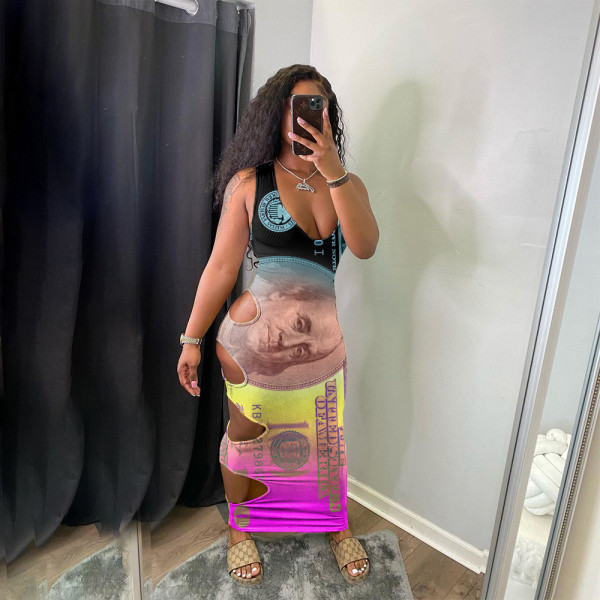 Fashionable sexy hole dress with dollar print GH038
