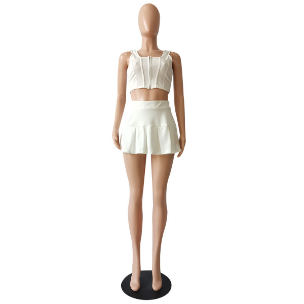 Pure color sports leisure vest sports pleated skirt two-piece suit CM2129