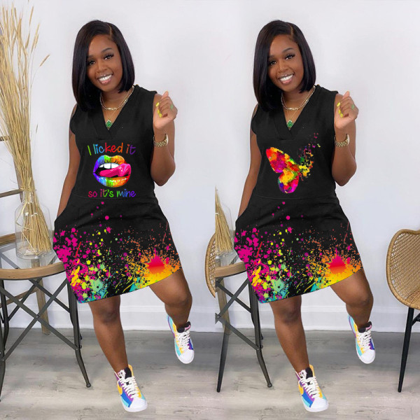 Fashion casual splash ink lips butterfly print dress GH050