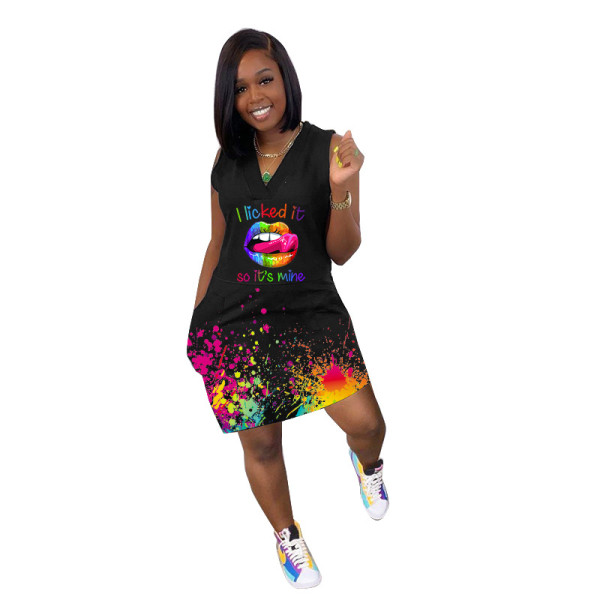 Fashion casual splash ink lips butterfly print dress GH050