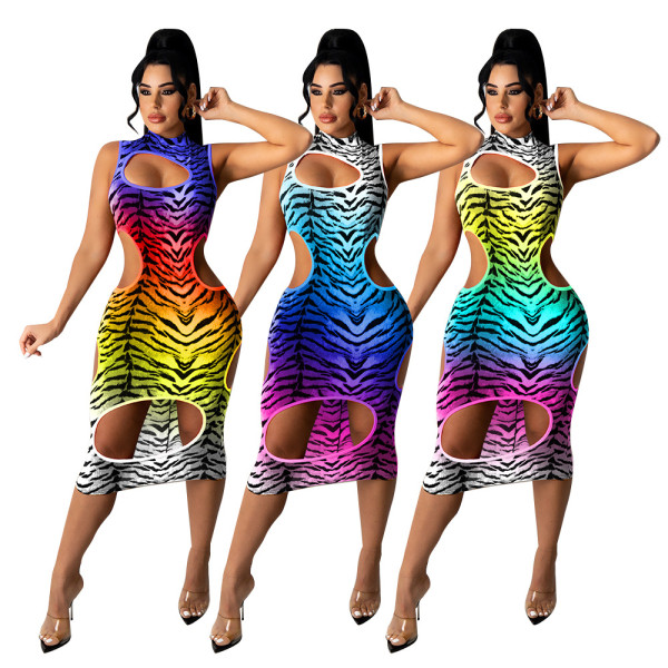Fashion sexy gradient leopard print hole dress GH029