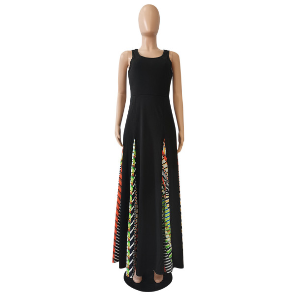 Solid color stitching geometric print large casual dress CM2119