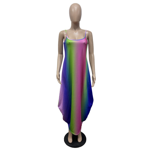 Rainbow Print Loose Sling Dress Long Skirt GH046