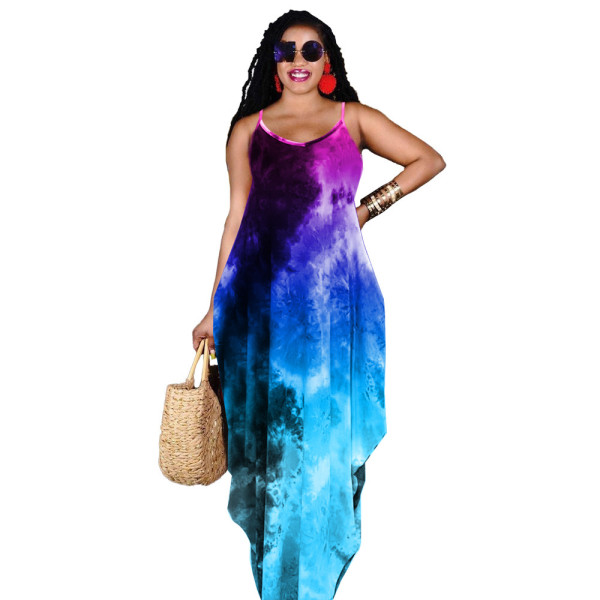 Tie-dye printed loose sling dress long skirt GH037