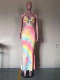 Casual fashion elegant digital tie-dye printing long skirt D8447