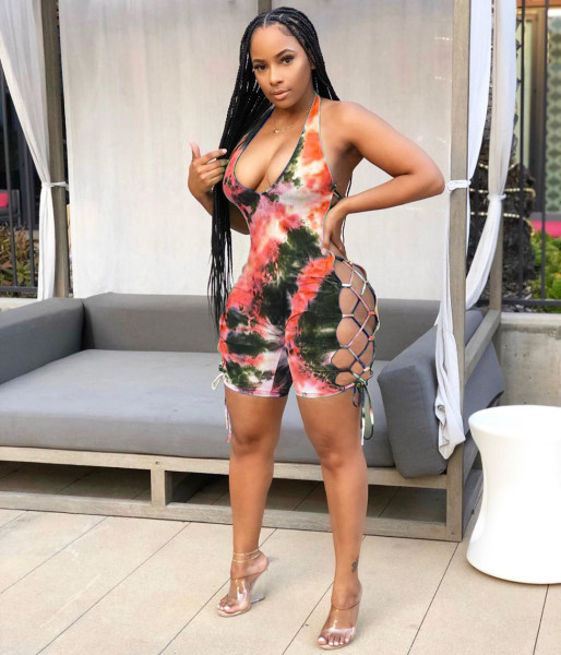 Halter neck tie-dye print cutout jumpsuit CM727
