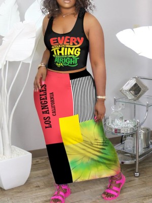 Color letter print top + picture print long skirt 2-piece set J1175