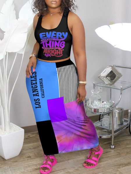 Color letter print top + picture print long skirt 2-piece set J1175