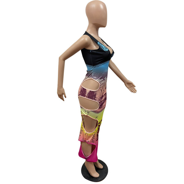 Fashionable sexy hole dress with dollar print GH038